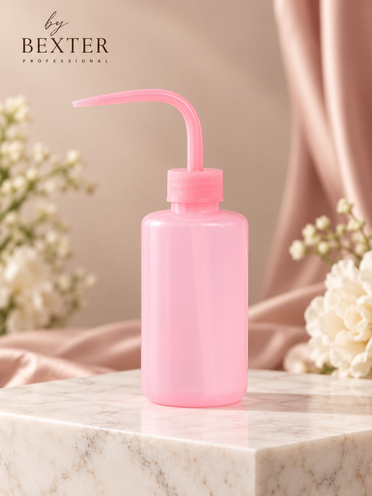 Rosa vattenflaska 150 ml med vinklad pip för salongsarbete