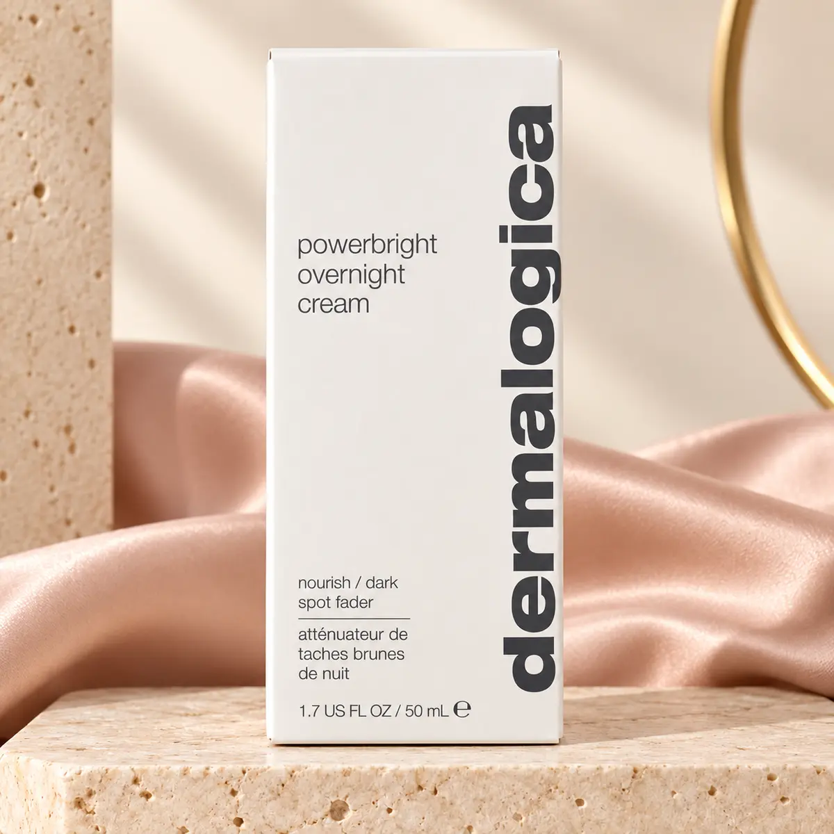 Dermalogica PowerBright Overnight Cream 50 ml i exklusiv beige och puderrosa miljö