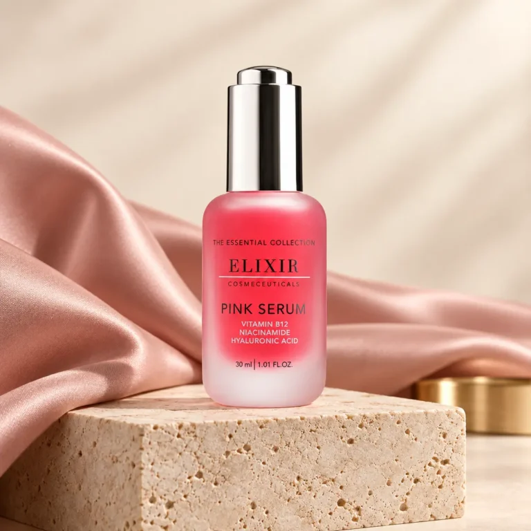 Elixir Cosmeceuticals Pink Serum 30 ml i exklusiv beige och puderrosa miljö
