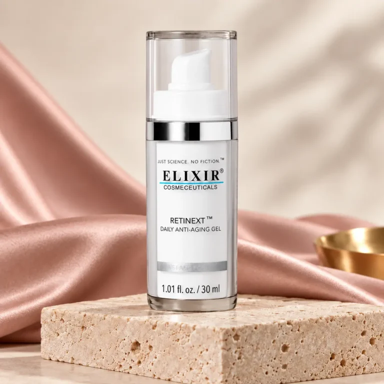 Elixir Cosmeceuticals Retinext Daily Anti-Aging Gel 30 ml i exklusiv beige och puderrosa miljö