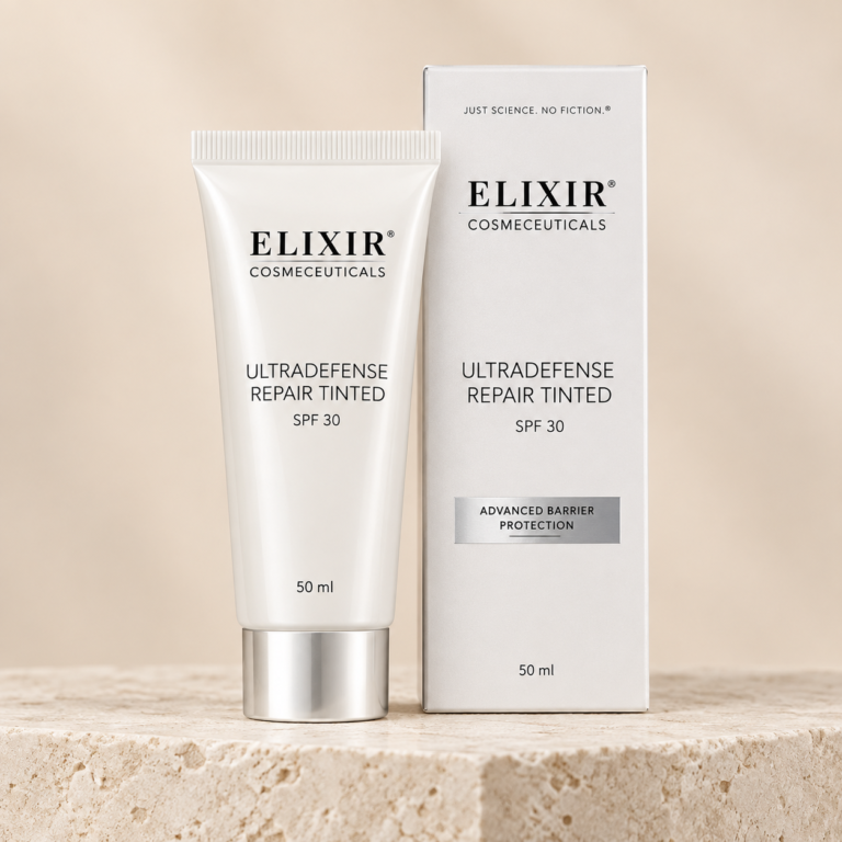 Elixir Cosmeceuticals Ultradefense Repair Tinted 50 ml i exklusiv beige studiomiljö