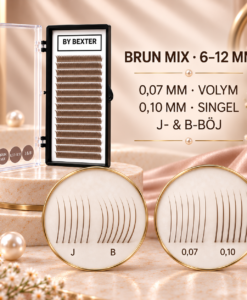 By Bexter bruna singel- och volymfransar mix 6–12 mm i J- och B-böj med närbild på fransarnas färg och form