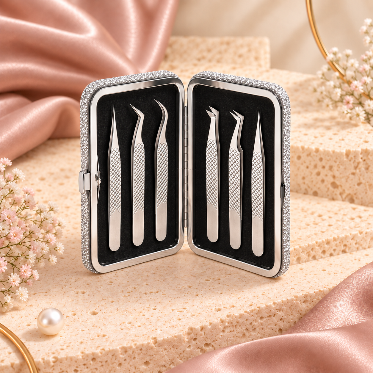 By Bexter magnetiskt pincettfodral med plats för sex franspincetter i svart, rosa och silver