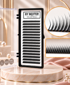 By Bexter volymfransar 0,03 mm L/L+ mix 7–13 mm med närbild på fransarnas böj och täthet