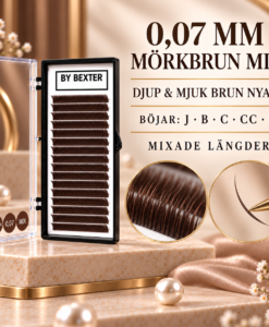By Bexter mörkbruna volymfransar 0,07 mm MIX med närbild på fransarnas böj och täthet
