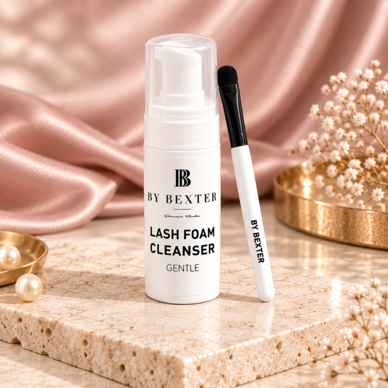 Lash Foam Clean Kit med By Bexter Mild Lash Foam och en vit rengöringsborste.