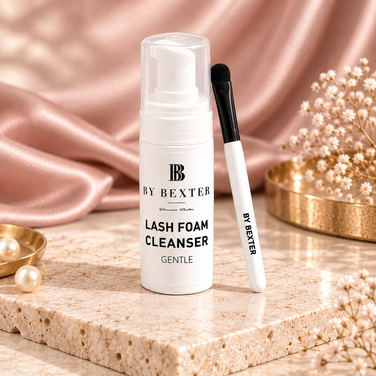 Lash Foam Clean Kit med By Bexter Mild Lash Foam och en vit rengöringsborste.