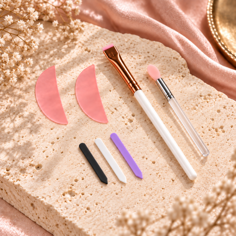 Korean Lash Lift Tool Kit med platta shields, precisionskam, silikonpaddel och tre smala ribbons.